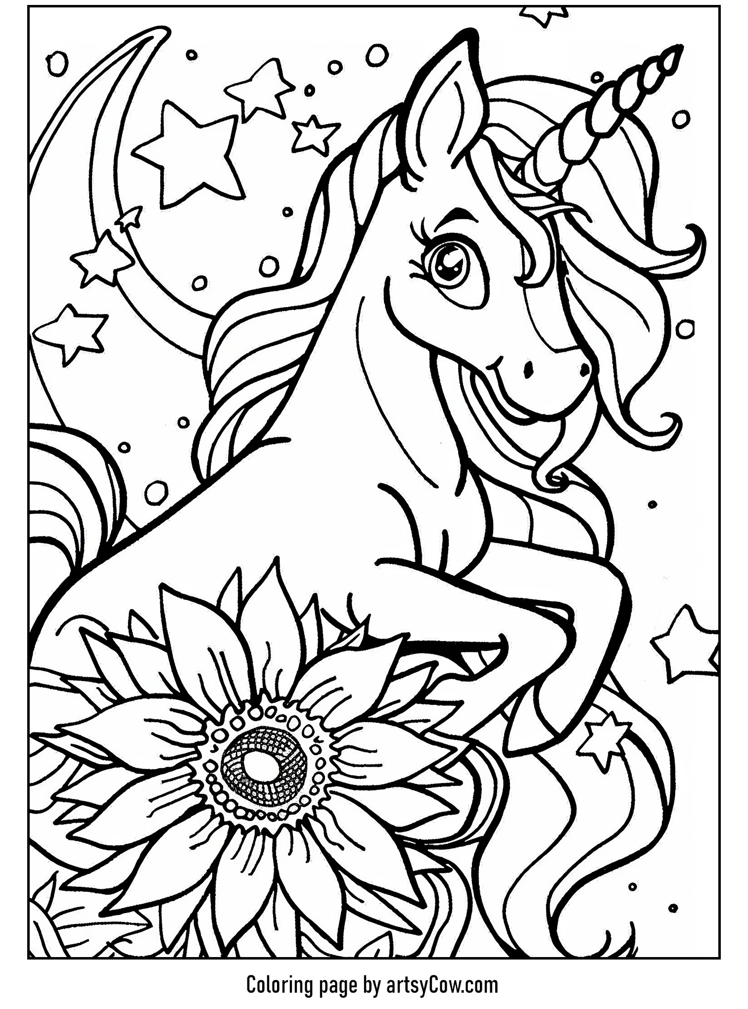 a whimsical unicorn with flowing mane and a large sunflower